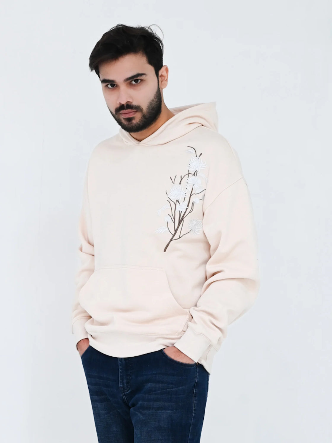 LINEN WHITE FLORAL OVERSIZE HOODIE 